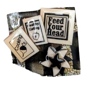 Vintage Book Pins by Lucinda Enamel Brooch Black & White Cookbook Theme